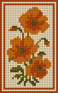 a cross - stitch pattern with orange flowers in the center and green stems on each side