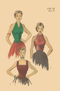 three women's dresses from the 1950's, including one in red and green