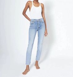 Comfortable and stylish, we love this cropped jean for all of the obvious reasons.The Comfort Stretch High Rise Ankle Crop in Mid 90s is our take on an ankle-baring skinny, slim-fitting throughout with a little extra room at the leg opening. Features a pale indigo wash reminiscent of the decade, a classic button fly, and perfectly placed back pockets. Please note that jeans currently shipping are slightly darker than the model image. Medium stretch - 96% Cotton 3% Polyester 1% Elastane. Machine wash cold. Fitted Cropped Tapered Leg Jeans, Fitted Tapered Leg Cropped Jeans, Fitted Cropped Tapered Leg Jeans For Everyday, Everyday Cropped Tapered Jeans, Fitted Light Wash Cropped Jeans, Everyday Summer Fitted Jeans, Summer Everyday Fitted Jeans, Summer Stretch Jeans For Everyday, Fitted High Rise Cropped Jeans For Everyday