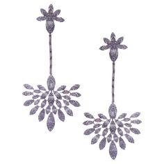 These symmetrical fan-shape dangling diamond earrings are crafted in 18-karat white gold, featuring 394 round white diamonds totaling of 3.32 carats and 170 baguette white diamonds totaling of 3.36 carats. Approximate total weight 28.29 grams. These earrings come with push back post backings. VS-G Quality natural white diamonds. Silver Baguette Diamond Dangle Earrings, Silver Dangle Diamond Earrings With Baguette Diamonds, American Diamond, Gems Jewelry, White Diamonds, White Diamond, Diamond White, Jewelry Earrings Dangle, Diamond Earrings