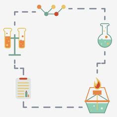 the science experiment is shown with beaks, flasks and test tubes on it