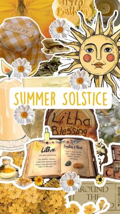 a collage of pictures with flowers, books and sunflowers on it that says summer solstice