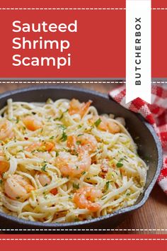 the cover of sauteed shrimp scampi is shown in a skillet