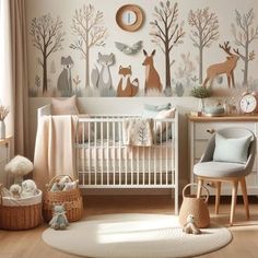 a baby's room decorated in neutral tones with deer and trees on the wall