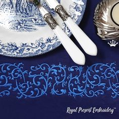 blue and white place setting with silverware