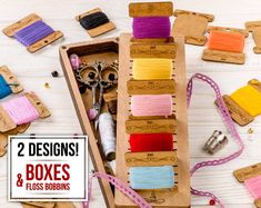 two boxes filled with different colored thread and scissors on top of a wooden box next to other sewing supplies