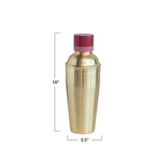 a gold metal bottle with a pink lid and measurements for the top, side view