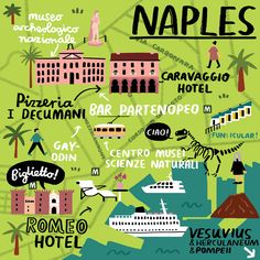 an illustrated map with the names of major cities in spanish and english, along with some other things to see