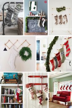 christmas decorations and stockings hung on the wall in different styles, colors, and sizes