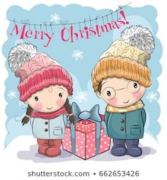 two cartoon children with gifts on a blue background - free image 34971