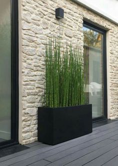 a black planter sitting on top of a wooden floor next to a building with windows