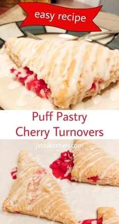 puff pastry cherry turnovers with icing on top and in the middle, ready to be eaten