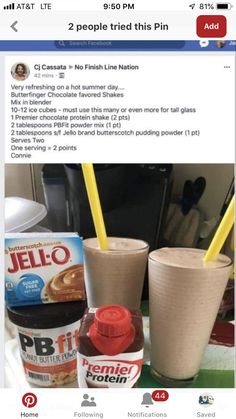 two drinks are sitting next to each other on a table with ice cream and peanut butter