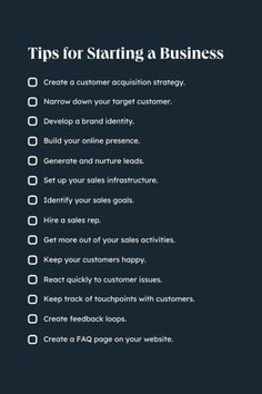 a checklist with the words tips for starting a business