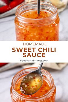 homemade sweet chili sauce in a mason jar with a spoon full of it and text overlay