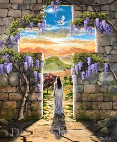 a painting of a woman standing in front of an archway with wisters on it