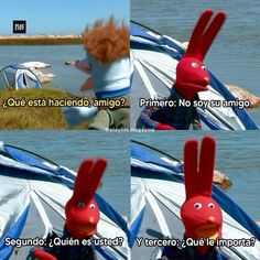 a red stuffed animal sitting on top of a boat next to the ocean with caption that reads, que est hacena amigo? primero no soys