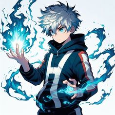 an anime character with white hair and blue eyes holding his hands out in front of the camera