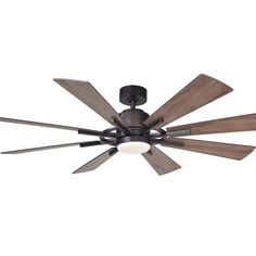 a ceiling fan with five wooden blades