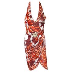 Check out this item from 1stdibs! Versace S/S 2005 Runway Seashell Print Belted Wrap Dress: https://www.1stdibs.com/id-v_11085082 Luxury Halter Neck Summer Dress, Designer Red Summer Dresses, Designer Red Dresses For Summer, Navy Evening Gown, Kaftan Sleeves, 2000 Clothes, Plunging Neckline Dress, Baroque Dress, 00s Style