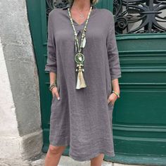 Women's Summer Holiday Dress V-Neck Mid Sleeve Solid Midi Dress Casual Long Sleeve V-neck Dress In Solid Color, Casual Solid Long Sleeve V-neck Dress, Casual Solid Color Dress With Split Neck, Solid Split Neck Spring Dresses, Spring Solid Color Split Neck Dress, Spring Dress With Solid Color And Split Neck, Casual V-neck Dress With Split Neck, Gray V-neck Mini Dress For Summer, Casual Shift Midi Dress With Split Neck