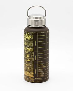 a stainless steel water bottle with an illustrated label on the front and side, sitting against a white background