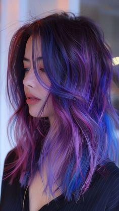 26 Vibrant Blue Hair Shades to Brighten Your Day Brown Purple Blue Hair, Purple Hair Gradient, Hair Color Ideas Purple And Blue, Cosmic Hair Color, Cool Tone Vivid Hair Color, Dark Fantasy Hair Color, Bold Hair Color Ideas For Brunettes, Pretty Colored Hair, Black Blue And Purple Hair