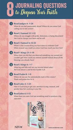 a pink poster with the text 8 journaling questions to deepen your faith