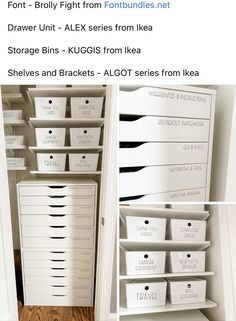 the inside of a closet with drawers and bins on it, labeled storage bins from ikea