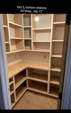 the closet is empty and ready to be used for storage, including shelves with no doors