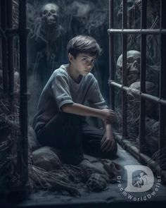 a young boy sitting in front of a cage filled with skeletons