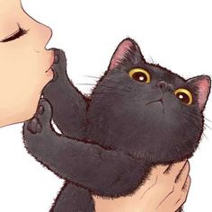 a drawing of a woman holding a black cat with her face close to the camera