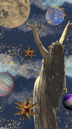 an image of a woman reaching up to the sky with stars and planets around her