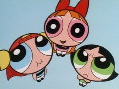 the powerpuff girls cartoon characters are standing in front of each other with big eyes