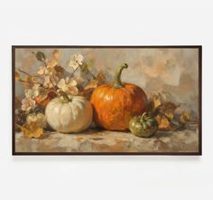 a painting of two pumpkins and some flowers