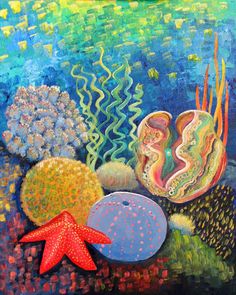 an underwater scene with corals and starfish