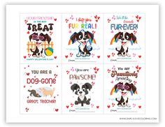 four different valentine cards with dogs and hearts on the front, one is for you to be