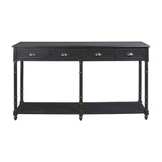 a black console table with three drawers and two pulls on the bottom, in front of a white background