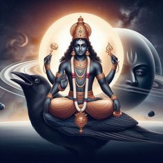 an image of the god sitting on top of a black bird in front of a full moon