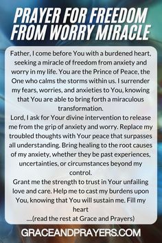 a prayer card with an image of the words, pray for freedom from worry miracle