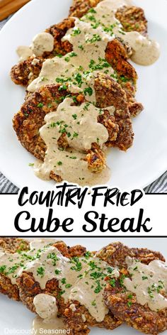 A double collage photo of country fried cube steak with the title in the center of the two pictures. Fried Cube Steak And Gravy, Country Fried Cube Steak, Cube Steak With Gravy