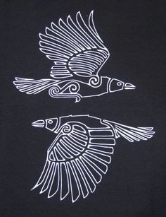 two black and white drawings of birds on a black shirt, one flying in the air