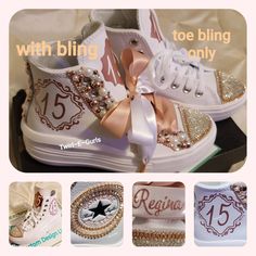 "Size 5, Ready 2 ship But can add first name on shoe laces. Returns, exchanges or refunds are NOT accepted for Custom Designs. PLEASE BE MINDFUL: Converse Brand Sneaker can run 1/2 size to 1 full size larger depending on shoe style. Please try on at local mall to know your correct size. All embellished shoes will stiffen once fully embellished. Thus please account for glue harding factor when sizing shoes. These Converse are uniquely embellished with Swarovski Crystals on a gold clap chain, with Chuck Taylor All Star Move, Converse Hi, Leather Converse, Converse Run, Rose Gold Pearl, Embellished Shoes, Gold Embellishment, Hi Top, First Name