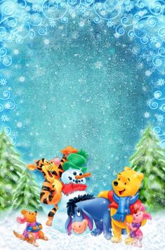 winnie the pooh and friends christmas card with snowflakes in the back ground