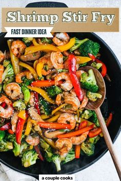 shrimp stir fry with broccoli and peppers in a skillet