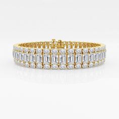 25 1/2 ctw Emerald Lab Grown Diamond Three Row Fashion Bracelet - 7 Inches 14K Yellow Gold F, VS2 White Diamond Bracelet With Baguette Diamonds For Anniversary, Yellow Gold Baguette Cut Tennis Bracelet For Anniversary, Yellow Gold Baguette Cut Diamond Bracelet For Anniversary, Baguette Cut Yellow Gold Diamond Bracelet For Anniversary, Luxury White Diamond Bracelet For Anniversary, Luxury White Baguette Cut Bracelets, Luxury White Baguette Cut Bracelet, Yellow Gold Tennis Bracelet With Baguette Diamonds For Wedding, White Gold Bracelet With Brilliant Cut For Formal Occasions