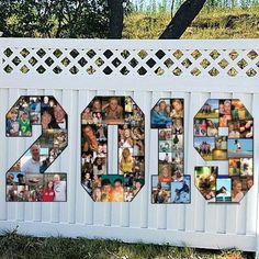 a white fence with photos on it and the number forty nine in front of it