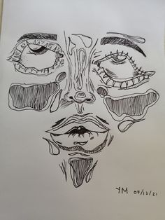 a drawing of a person's face with many different eyes and nose parts on it