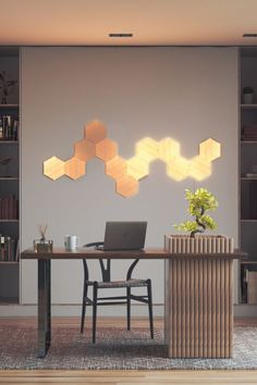 Luxury Home Office with Nanoleaf Elements Wood Look Hexagons Zoom Virtual Background, Virtual Background, Office Interior Design Modern, Office Background, Office Pods, Cozy Home Office, Desktop Setup, Luxury Office