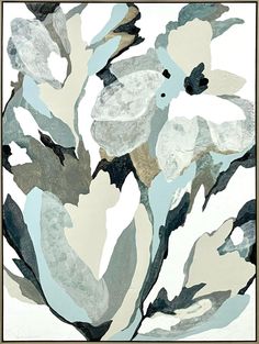 an abstract painting with blue and white flowers